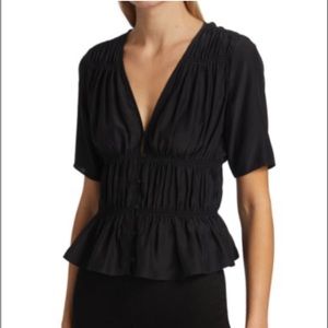 Frame Ruched V neck blouse in black, size small